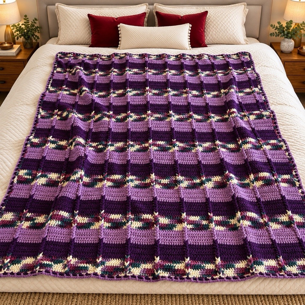 Vintage Handmade Crochet Afghan Ribbed Purple Stripe Weighty Throw Blanket 84x60